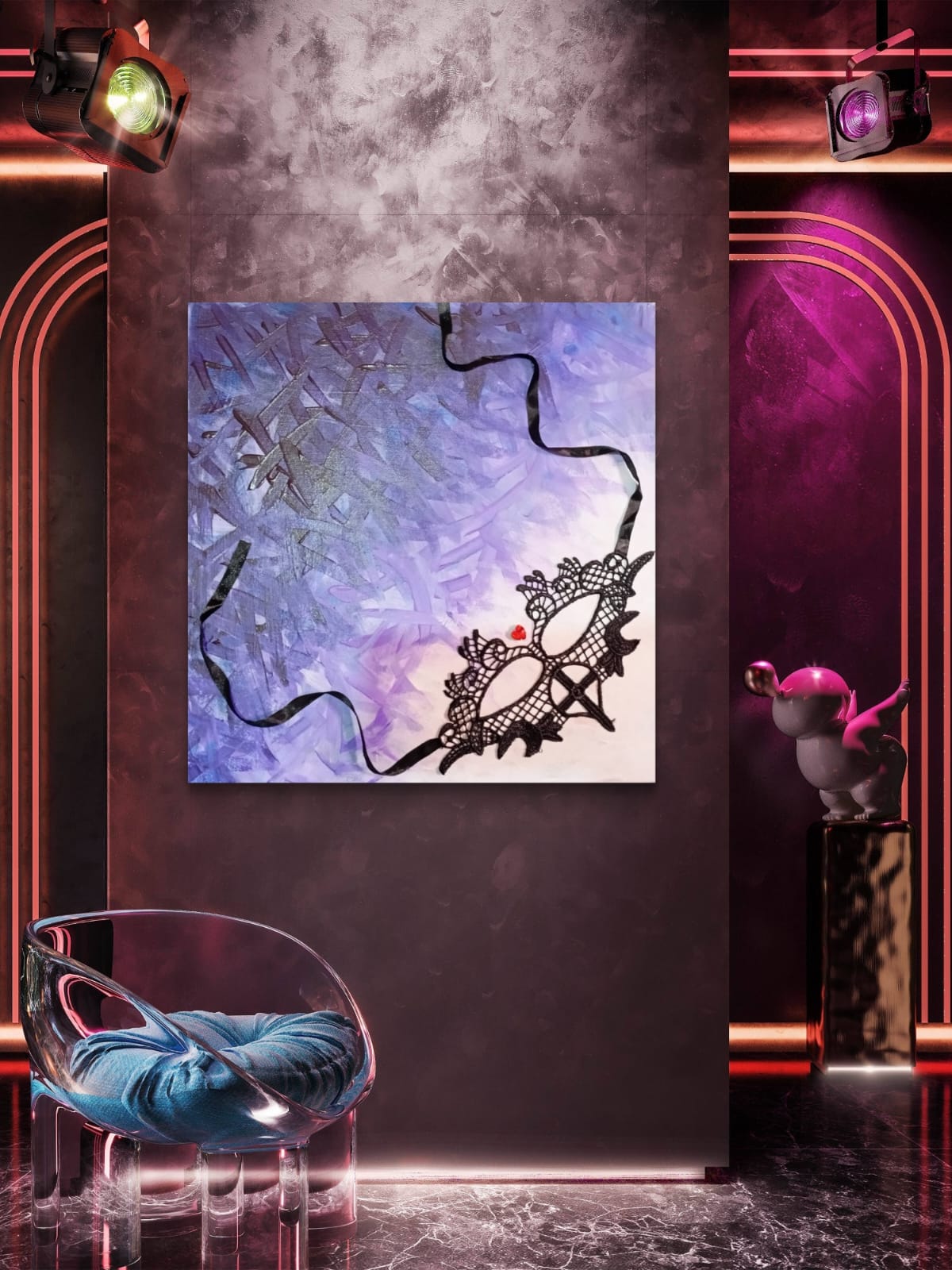 Colorful framed artwork titled "Occhi dello spirito" by Elena Giaconelli, featuring vibrant abstract eye designs.