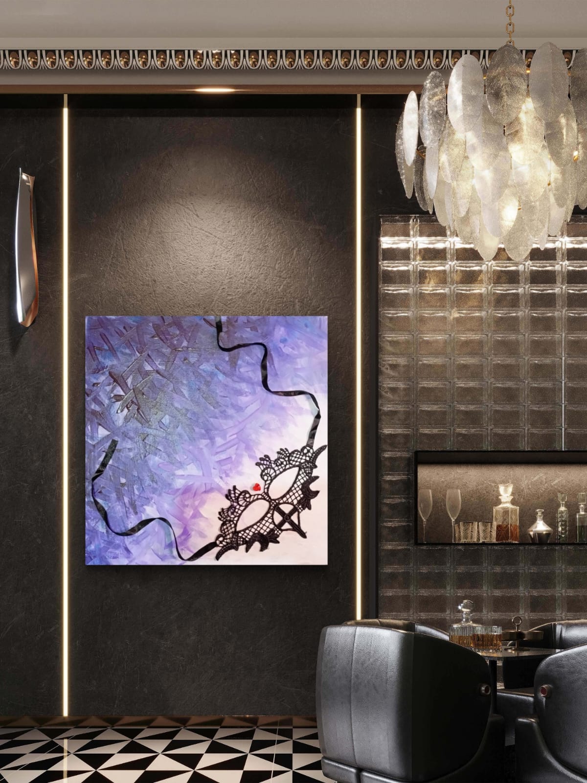 Colorful framed "Occhi dello spirito" artwork by Elena Giaconelli featuring abstract eye designs on a canvas.