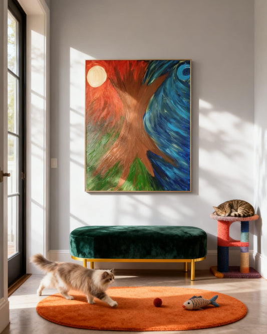 Colorful artwork titled "Anima Mundi" by Elena Giaconelli, featuring vibrant abstract patterns on a framed canvas painting.