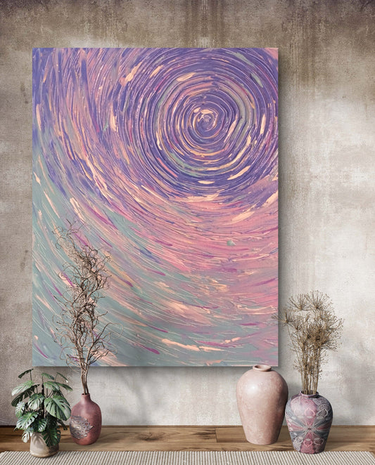 Abstract artwork titled "Àncora del flusso" by Elena Giaconelli, featuring flowing colors and dynamic shapes.