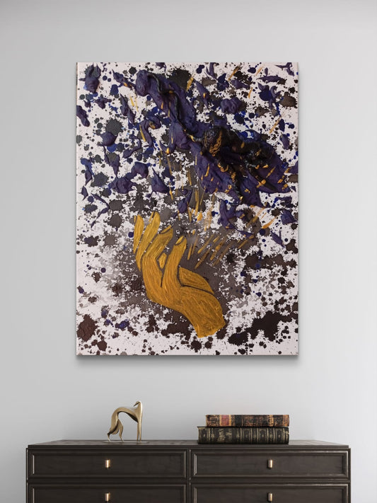 Abstract black and white quadro titled Nigredo by Elena Giaconelli, featuring bold geometric shapes and textured brushstrokes.