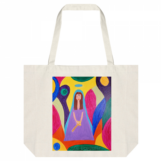 Elena Giaconelli shopper bag titled "La Veggente" featuring vibrant artwork on the front, made of durable canvas material.