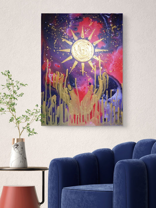 Elena Giaconelli Solaris Quadro artwork featuring vibrant abstract shapes and bold colors in a modern frame.