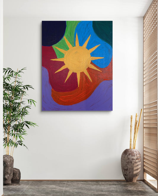 Elena Giaconelli Sole Volutivo Quadro artwork featuring vibrant, abstract design with bold colors on canvas.