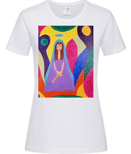 Black T-shirt featuring artistic design inspired by La Veggente by Elena Giaconelli, with a colorful, detailed front graphic.